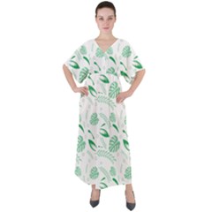 Green Nature Leaves Draw   V-neck Boho Style Maxi Dress by ConteMonfrey