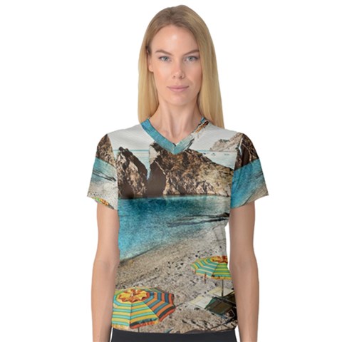 Beach Day At Cinque Terre, Colorful Italy Vintage V-neck Sport Mesh Tee by ConteMonfrey