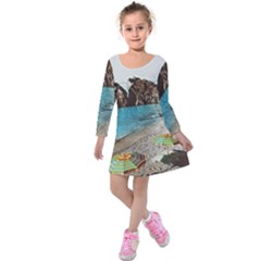 Beach Day At Cinque Terre, Colorful Italy Vintage Kids  Long Sleeve Velvet Dress by ConteMonfrey