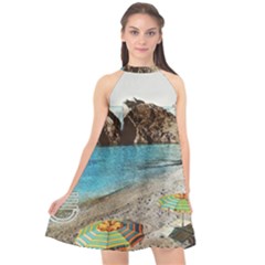 Beach Day At Cinque Terre, Colorful Italy Vintage Halter Neckline Chiffon Dress  by ConteMonfrey