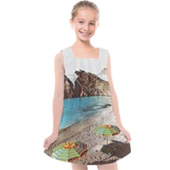 Beach Day At Cinque Terre, Colorful Italy Vintage Kids  Cross Back Dress by ConteMonfrey