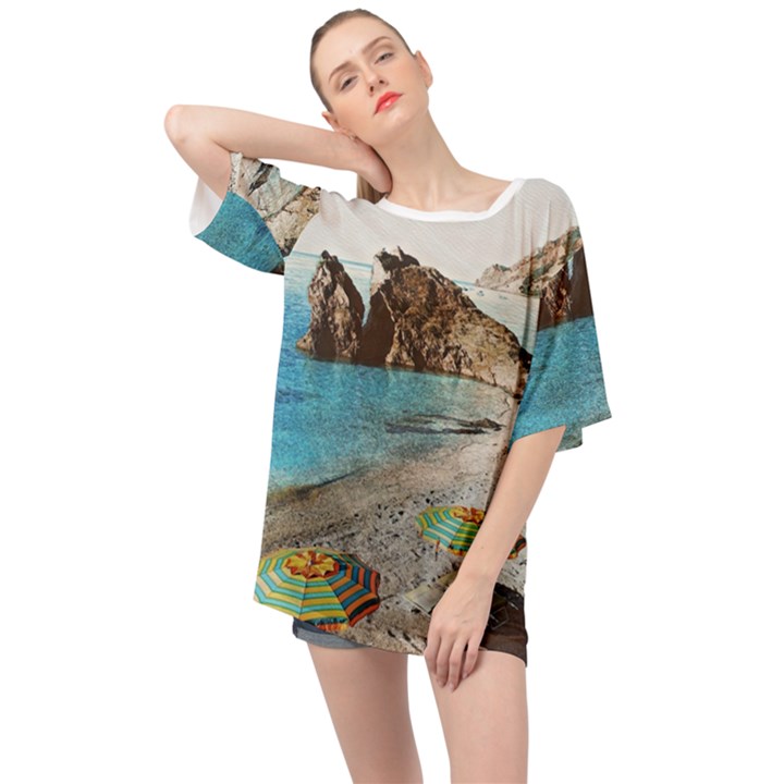 Beach Day At Cinque Terre, Colorful Italy Vintage Oversized Chiffon Top