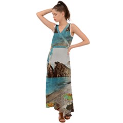 Beach Day At Cinque Terre, Colorful Italy Vintage V-neck Chiffon Maxi Dress by ConteMonfrey