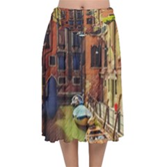 Venice Canals Art   Velvet Flared Midi Skirt by ConteMonfrey