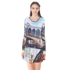 Lovely Gondola Ride - Venetian Bridge Long Sleeve V-neck Flare Dress by ConteMonfrey