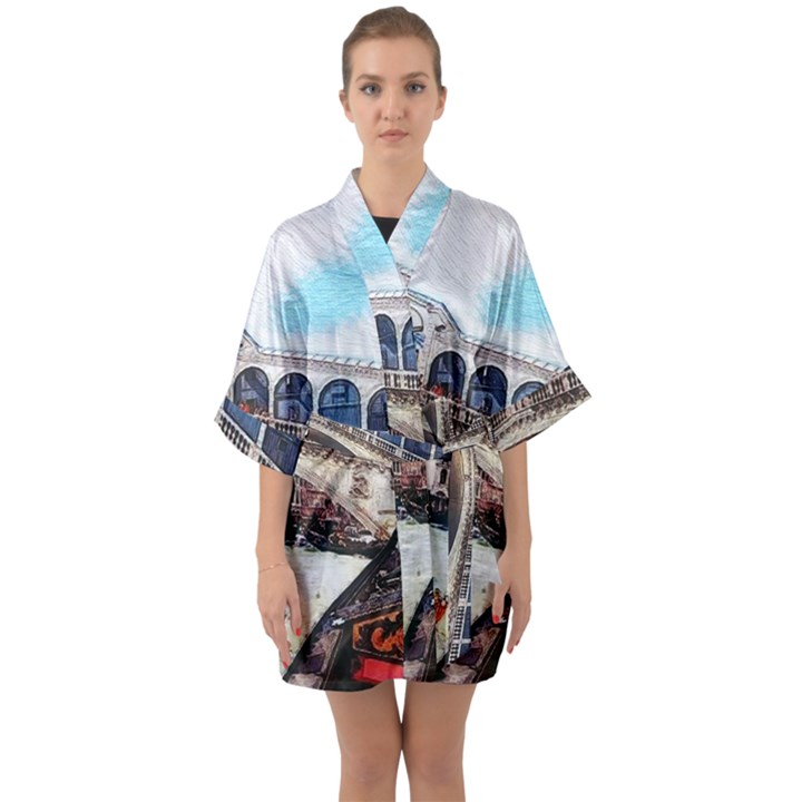 Lovely Gondola Ride - Venetian Bridge Half Sleeve Satin Kimono 