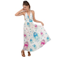 Jellyfis Pink Blue Cartoon Backless Maxi Beach Dress