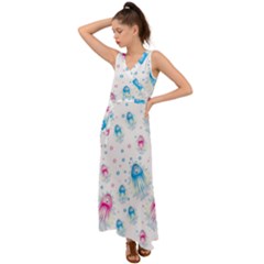 Jellyfis Pink Blue Cartoon V-neck Chiffon Maxi Dress