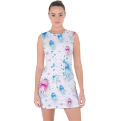 Jellyfis Pink Blue Cartoon Lace Up Front Bodycon Dress by danenraven