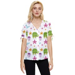 Turtle Animal Sea Life Bow Sleeve Button Up Top by danenraven