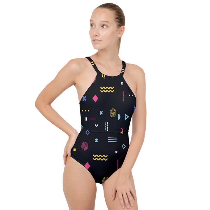 Geometric Art Colorful Shape High Neck One Piece Swimsuit