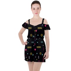 Geometric Art Colorful Shape Ruffle Cut Out Chiffon Playsuit by Ravend