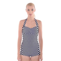 Black And White Background Black Board Checker Boyleg Halter Swimsuit  by Ravend