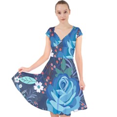 Floral Background Digital Art Cap Sleeve Front Wrap Midi Dress