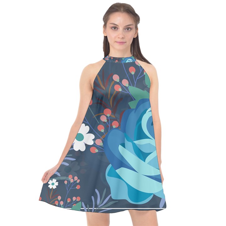 Floral Background Digital Art Halter Neckline Chiffon Dress 