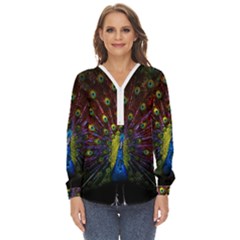 Beautiful Peacock Feather Zip Up Long Sleeve Blouse