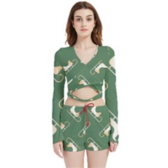 Gold Santa s Sleigh Green Print Velvet Wrap Crop Top And Shorts Set by TetiBright