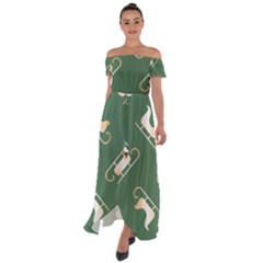 Gold Santa s Sleigh Green Print Off Shoulder Open Front Chiffon Dress by TetiBright