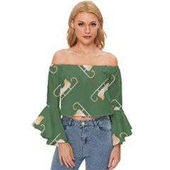 Gold Santa s Sleigh Green Print Off Shoulder Flutter Bell Sleeve Top by TetiBright