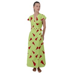 Red Christmas Tree Green Flutter Sleeve Maxi Dress