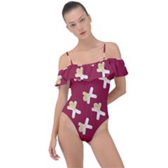 Gold Gingerbread Man Burgundy Frill Detail One Piece Swimsuit