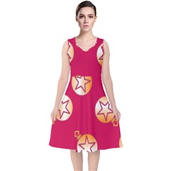 Orange Ornaments With Stars Pink V-Neck Midi Sleeveless Dress 