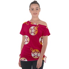 Orange Ornaments With Stars Pink Off Shoulder Tie-Up Tee