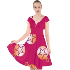 Orange Ornaments With Stars Pink Cap Sleeve Front Wrap Midi Dress