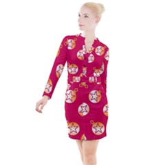 Orange Ornaments With Stars Pink Button Long Sleeve Dress