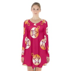 Orange Ornaments With Stars Pink Long Sleeve Velvet V-neck Dress