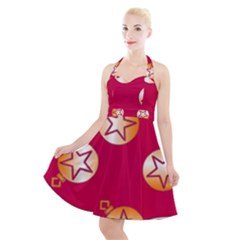 Orange Ornaments With Stars Pink Halter Party Swing Dress 