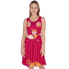 Orange Ornaments With Stars Pink Knee Length Skater Dress With Pockets