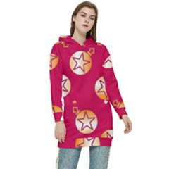 Orange Ornaments With Stars Pink Women s Long Oversized Pullover Hoodie