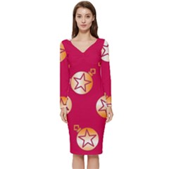 Orange Ornaments With Stars Pink Long Sleeve V-Neck Bodycon Dress 