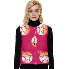 Orange Ornaments With Stars Pink Women s Short Button Up Puffer Vest