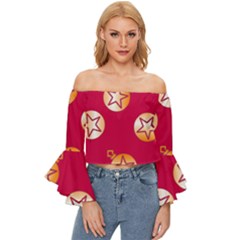 Orange Ornaments With Stars Pink Off Shoulder Flutter Bell Sleeve Top