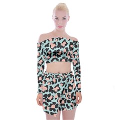 Blue And Pink Jaguar Dots Leopard Off Shoulder Top With Mini Skirt Set by ConteMonfreyShop