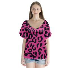 Leopard Print Jaguar Dots Pink V-neck Flutter Sleeve Top