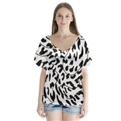Leopard Print Black And White Draws V-neck Flutter Sleeve Top by ConteMonfreyShop
