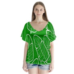 Green Banana Leaves V-neck Flutter Sleeve Top