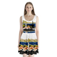 River Small Town Landscape Split Back Mini Dress  by ConteMonfrey