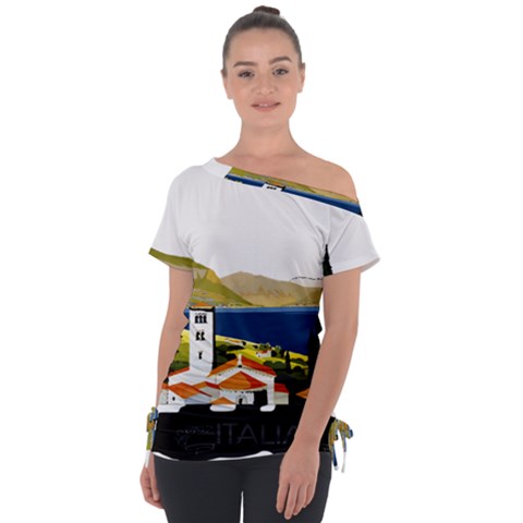 River Small Town Landscape Off Shoulder Tie-up Tee by ConteMonfrey