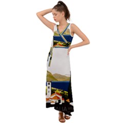 River Small Town Landscape V-neck Chiffon Maxi Dress by ConteMonfrey