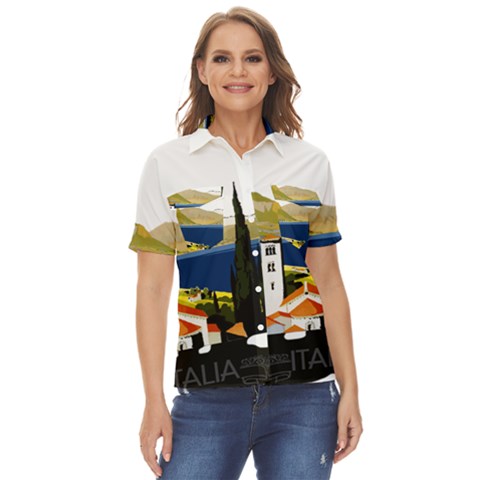 River Small Town Landscape Women s Short Sleeve Double Pocket Shirt by ConteMonfrey