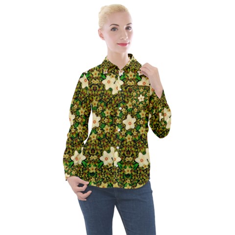 Flower Power And Big Porcelainflowers In Blooming Style Women s Long Sleeve Pocket Shirt by pepitasart