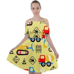 Seamless Pattern Vector Industrial Vehicle Cartoon Cut Out Shoulders Chiffon Dress by Jancukart