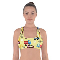 Seamless Pattern Vector Industrial Vehicle Cartoon Cross Back Sports Bra by Jancukart