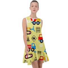 Seamless Pattern Vector Industrial Vehicle Cartoon Frill Swing Dress by Jancukart