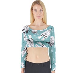 Cute Seamless Pattern With Rocket Planets-stars Long Sleeve Crop Top