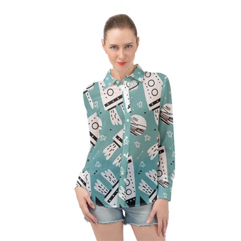 Cute Seamless Pattern With Rocket Planets-stars Long Sleeve Chiffon Shirt by BangZart